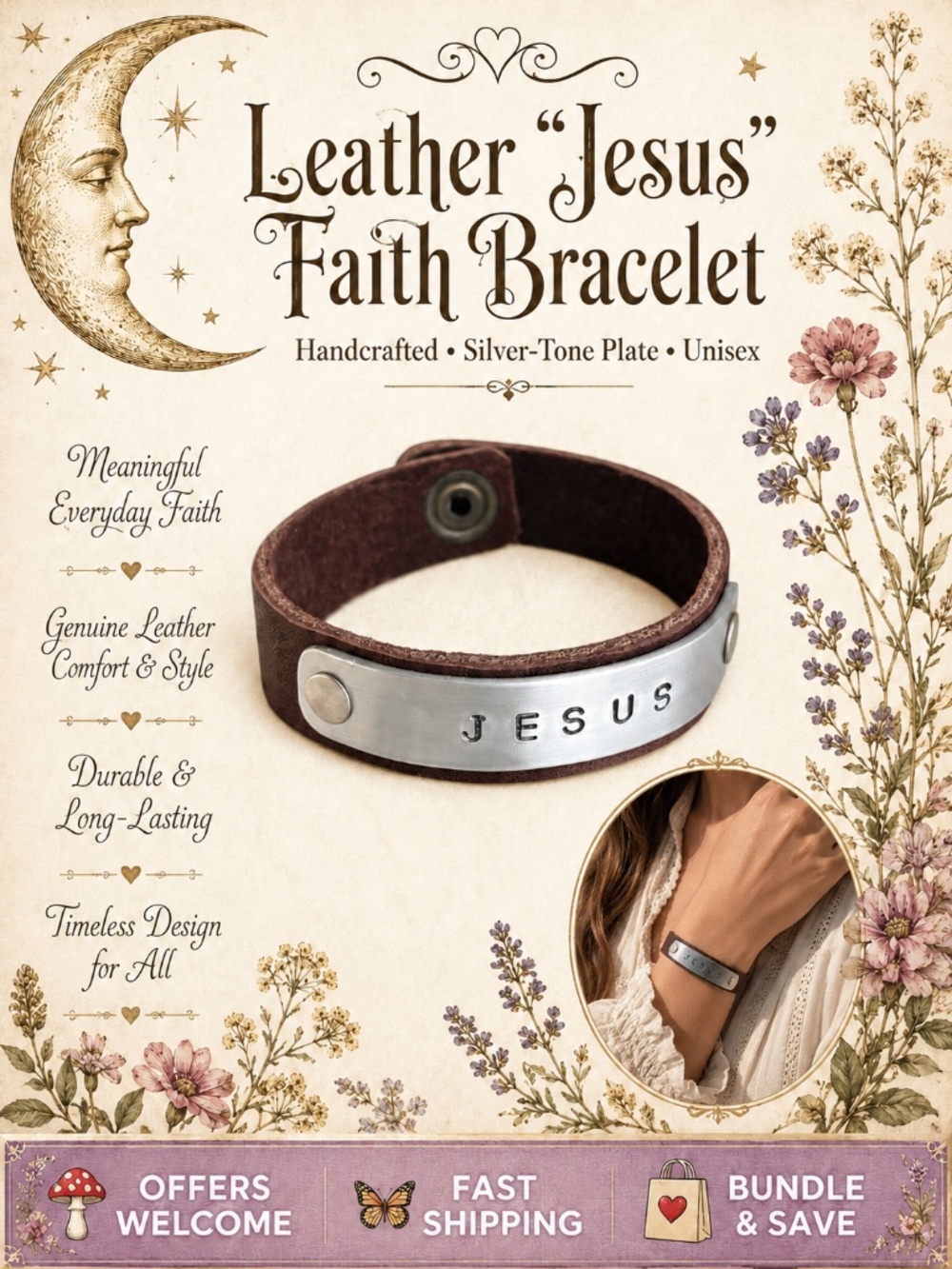 Handmade Leather “Jesus” Bracelet Silver‑Tone Plate Unisex 9”